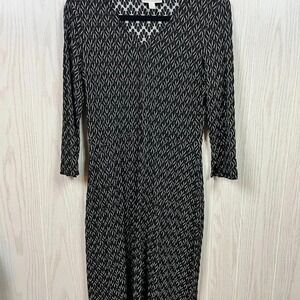 Dana Buchman Women's Black White Stretch Knit Dress 3/4 Sleeve Midi Size S
